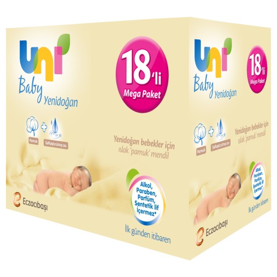 Uni Baby Yenidoğan Islak Pamuk Mendil 18'li Mega Paket 720'li